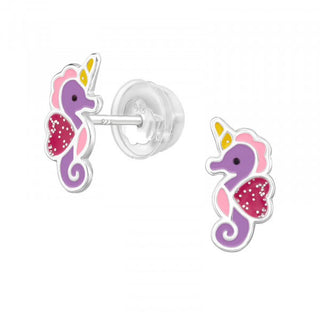 Childrens Sterling Silver Purple Seahorse Earrings