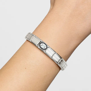 Composable FACETED STONES, steel with 925 sterling silver OVAL BEADED RICH SETTING WHITE