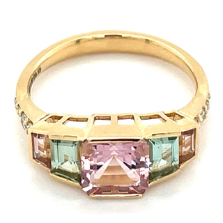 18ct Yellow Gold Earth Grown Pink Tourmaline, Green Tourmaline, Orange Tourmaline & Diamond Ring