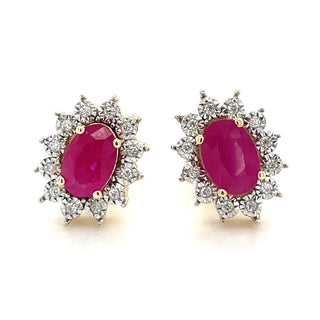 9ct Yellow Gold Oval Ruby and Cluster Halo Earrings