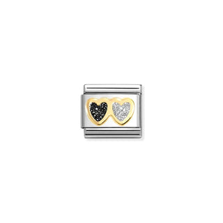CHARM, COMPOSABLE LINK, DOUBLE HEART, BLACK & SILVER GLITTER