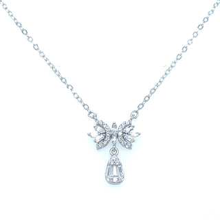 Sterling Silver Bow Necklace With Drop Cz