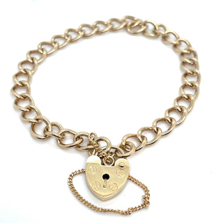 Vintage 9ct Yellow Gold Solid Link Gate Bracelet With Heart Lock And Safety Chain