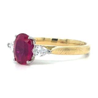 18ct Yellow Gold Laboratory Grown 1.78ct Ruby And 0.31ct Diamond Three Stone Ring
