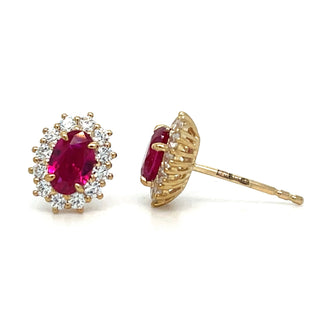 9ct Yellow Gold Lady Di Ruby And Cz Cluster Stud Earrings