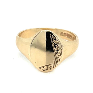 Vintage 9ct Yellow Gold Oval Signet Ring With Engraved Detail