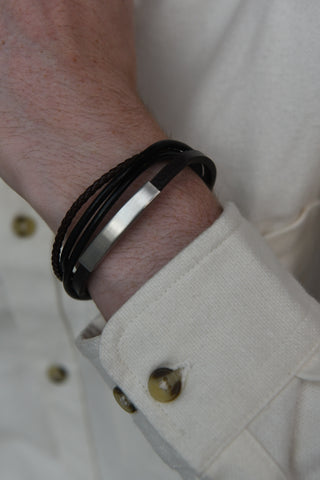 Gents Brown And Black Leather Multi Strand ID Bracelet