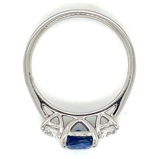 Platinum Earth Grown Oval Ceylon Sapphire With Side Diamonds Three Stone Ring