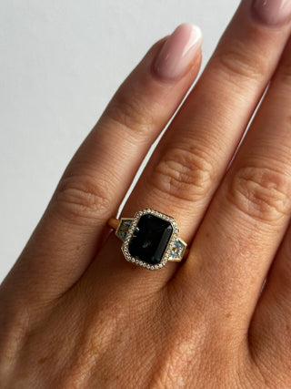 9ct Yellow Gold Earth Grown 3.76ct Emerald Cut London Blue Topaz Halo Ring With Blue Topaz Side Stones