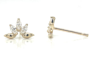 9ct Yellow Gold Plain And Cz Marquise Cluster Stud Earrings