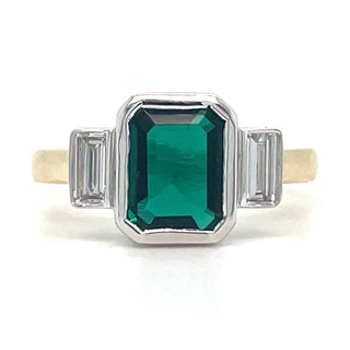 9ct Yellow Gold Laboratory Grown 1.77ct Emerald Cut Emerald And 0.21ct Side Baguette Diamond Ring