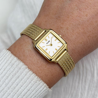 Gracieuse Mini Watch Mesh, White, Gold Colour