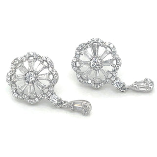 Sterling Silver Cz Flower Drop Earrings