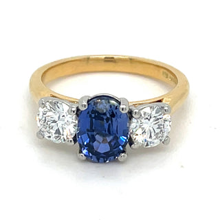 18ct Yellow Gold Laboratory Grown 1.91ct Oval Sapphire & 1ct Round Diamond Three Stone Ring