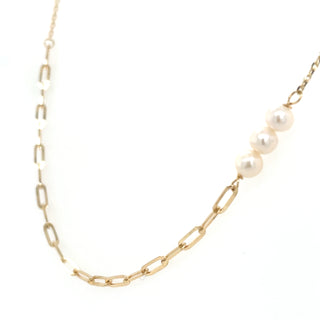 9ct Yellow Gold Paperclip & Pearl Trio Necklace