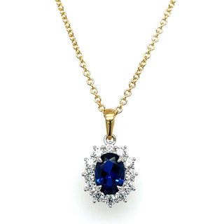 9ct Gold Two Tone Lady Di Style Sapphire And Cz Halo Necklace