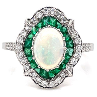 18ct White Gold Earth Grown Opal, Emerald And Diamond Ring