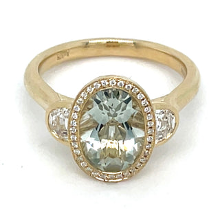 9ct Yellow Gold Laboratory Grown 2.48ct Oval Green Amethyst And Diamond Halo Ring