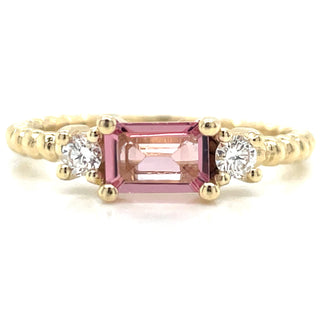9ct Yellow Gold Earth Grown Horizontal Pink Tourmaline & Diamond Ring