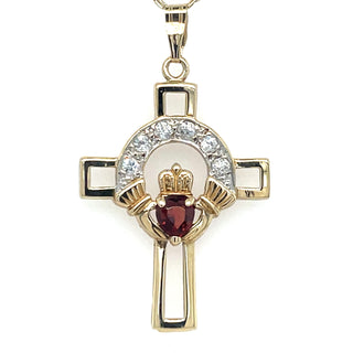 Vintage 9ct Yellow Gold Garnet And Diamond Claddagh Cross Pendant