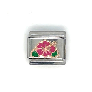 Composable classic SYMBOLS steel, Enamel and 9ct Rose Fuchsia Ibiscus
