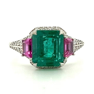 Natural Emerald, Ruby & Diamond Ring in 18kt White Gold