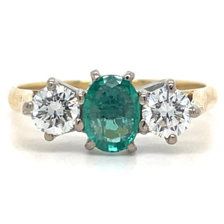 Vintage 18ct Yellow Gold Emerald And Diamond Three Stone Ring