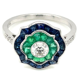 18ct White Gold Earth Grown Diamond, Sapphire And Emerald Ring