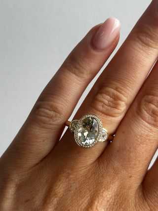 9ct Yellow Gold Laboratory Grown 2.48ct Oval Green Amethyst And Diamond Halo Ring