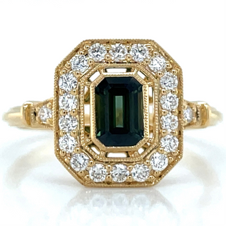 18ct Yellow Gold Emerald Cut Green Sapphire & Diamond Vintage style Ring