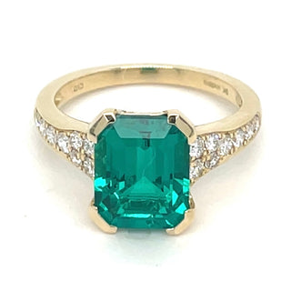 9ct Yellow Gold Laboratory Grown Emerald Cut Emerald Ring With Diamond Set Shoulders