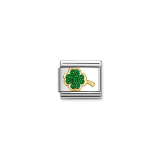 Composable Classic GLITTER SYMBOLS in steel, enamel and 18k gold GREEN four-leaf clover