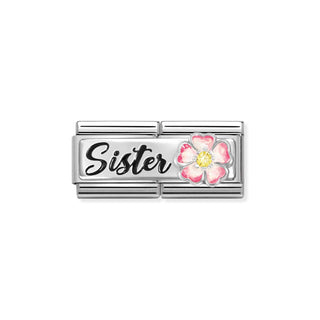 Composable DOUBLE Classic DETAILED steel, enamel, cz and 925 sterling silver Sister with flower