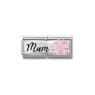 Composable DOUBLE Classic DETAILED steel, enamel, cz and 925 sterling silver Mum with flower