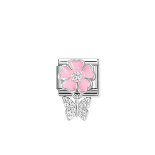 Composable Classic CHARMS steel, 925 sterling silver, enamel and cz Pink flower with butterfly