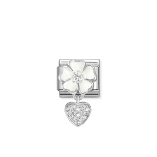 Composable Classic CHARMS steel, 925 sterling silver, enamel and cz White flower with heart