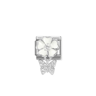 Composable Classic CHARMS steel, 925 sterling silver, enamel and cz White flower with butterfly
