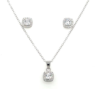 Sterling Silver Cushion Cut Cz Halo Earring And Necklace Set