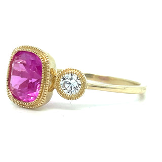 Vintage 9ct Yellow Gold Pink Quartz And Diamond Three Stone Ring With Millgrain Detail