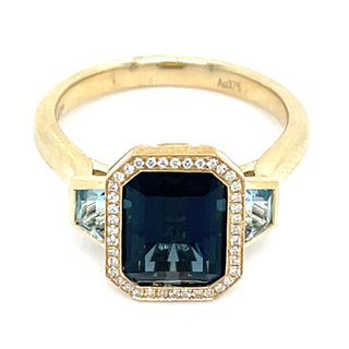 9ct Yellow Gold Earth Grown 3.76ct Emerald Cut London Blue Topaz Halo Ring With Blue Topaz Side Stones