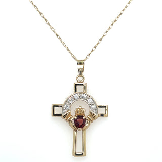 Vintage 9ct Yellow Gold Garnet And Diamond Claddagh Cross Pendant