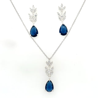 Sterling Silver Sapphire And Cz Earring And Necklace Set