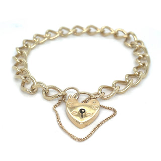 Vintage 9ct Yellow Gold Solid Link Gate Bracelet With Heart Lock And Safety Chain