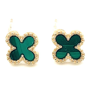 9ct Yellow Gold Malachite Clover Stud Earrings With Beaded Edge