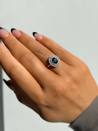 18ct White Gold Earth Grown 1.01ct Sapphire Surrounded by a Double Halo of 0.39ct Diamonds