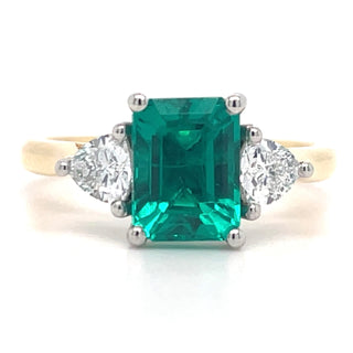 18ct Yellow Gold Laboratory Grown 1.87ct Emerald Ring With 0.48ct Side Trillion Diamonds