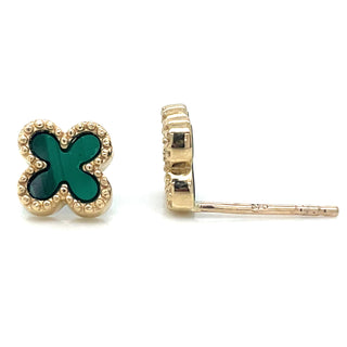 9ct Yellow Gold Malachite Clover Stud Earrings With Beaded Edge