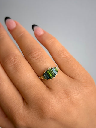 18ct Yellow Gold Earth Grown Green Tourmaline, Blue Tourmaline & Diamond Ring