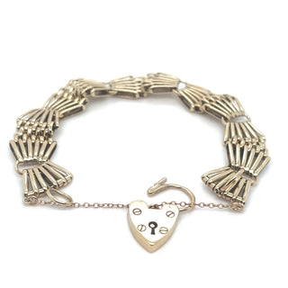Vintage 9ct Yellow Gold Fan Link Heart Lock Gate Bracelet