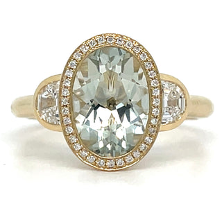 9ct Yellow Gold Laboratory Grown 2.48ct Oval Green Amethyst And Diamond Halo Ring